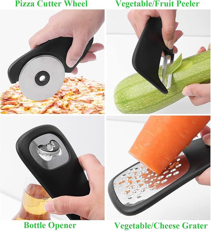 Kitchen Gadgets Set 6 Pieces, Space Saving Cooking Tools Kitchen Accessories-Garlic Grinder, Cheese Grater, Vegetable Peeler, Pizza Cutter, Herb Stripper, Bottle Opener, Gadgets Gift Set (Black)