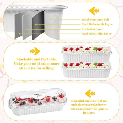 200Pack White Mini Cake Pans Disposable Mini Loaf Pans with Lids and Spoons and Stickers, 6.8Oz Aluminum Foil Pans Tins, Individual Dessert Cups Containers for Sales,Party,Picnics