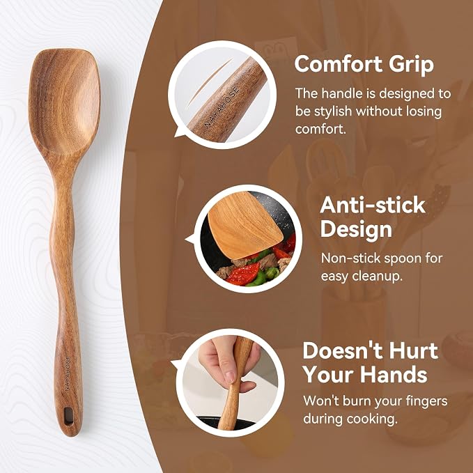 Kitchen 10PCS Teak Wooden Utensil Set with Holder and Spoon Rest | Non-stick, Easy to Clean, Durable, Smooth with Comfort Grip Wooden Spoons for Cooking - Non Toxic Wooden Cooking Utensil