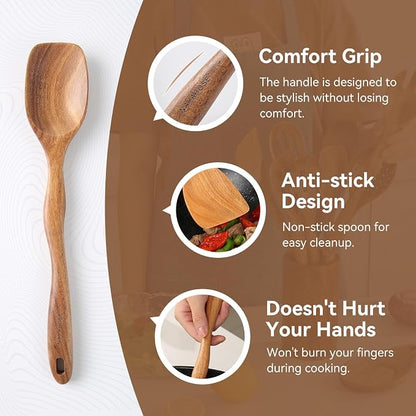 Kitchen 10PCS Teak Wooden Utensil Set with Holder and Spoon Rest | Non-stick, Easy to Clean, Durable, Smooth with Comfort Grip Wooden Spoons for Cooking - Non Toxic Wooden Cooking Utensil