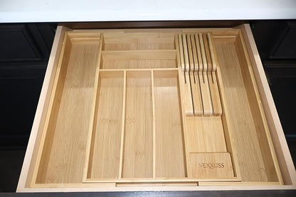 Nexxuss Bamboo Kitchen Drawer Organizer, Expandable Utensil Organizer with Removable Knife Block, Cutlery Tray Holder with Divider, Adjustable Silverware Organizer, Wood Tableware Dividers Storage