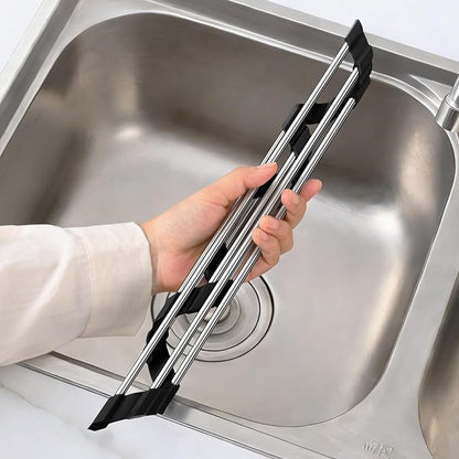 Triangle Dish Drying Rack for Sink Corner, 18/8 Stainless Steel with Thickened Silicone Edge, Roll-Up Space Saving Sink Caddy, Non-Slip Sponge Holder & Drainer Mat for Kitchen Counter