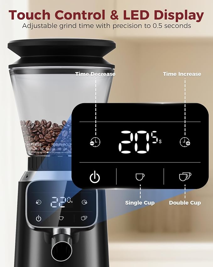 Tuni G2 Conical Burr Coffee Grinder with 70 Precise Grind Settings, Anti-Static Design, Adjustable Electronic Timer & LED Touchscreen, For Espresso Drip Cold Brew French Press, Stainless Steel, Black