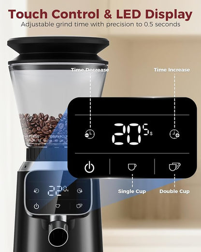 Tuni G2 Conical Burr Coffee Grinder with 70 Precise Grind Settings, Anti-Static Design, Adjustable Electronic Timer & LED Touchscreen, For Espresso Drip Cold Brew French Press, Stainless Steel, Black