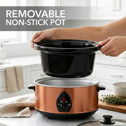 OVENTE Electric Slow Cooker with 3 Cooking Settings, Non-Stick and Dishwasher Safe Stoneware, Stainless Steel Body, Glass Lid, 3.7 Qt Oval Pot for Entrees, Soups, Sauces, Stews & Dips, Copper SLO35ACO