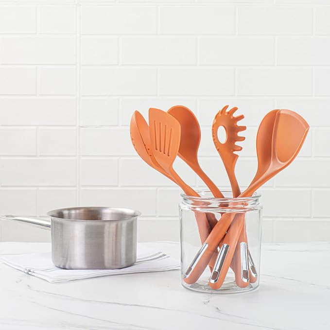 Restaurantware Silicone Utensil Set Pack of 10 Non-Slip Handle 6-Piece Kitchen Tool Set, Heat-Resistant Dishwasher-Friendly Cooking Accessories, Durable Orange Cooking Utensils