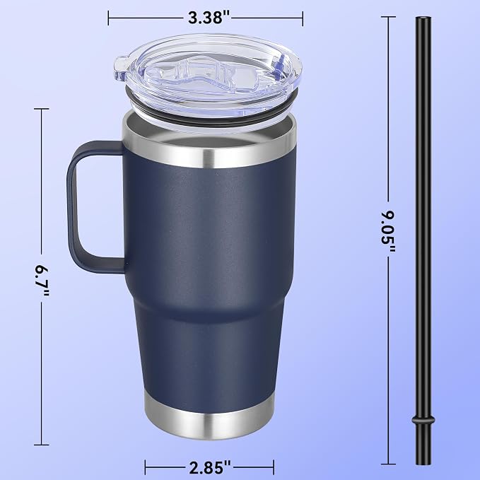 20 oz Stainless Steel Tumbler with Handle Metal Insulated Coffee Travel Mug with Handle Double Wall Tumbler Cup with Lid and Straw, Navy 1 Pack