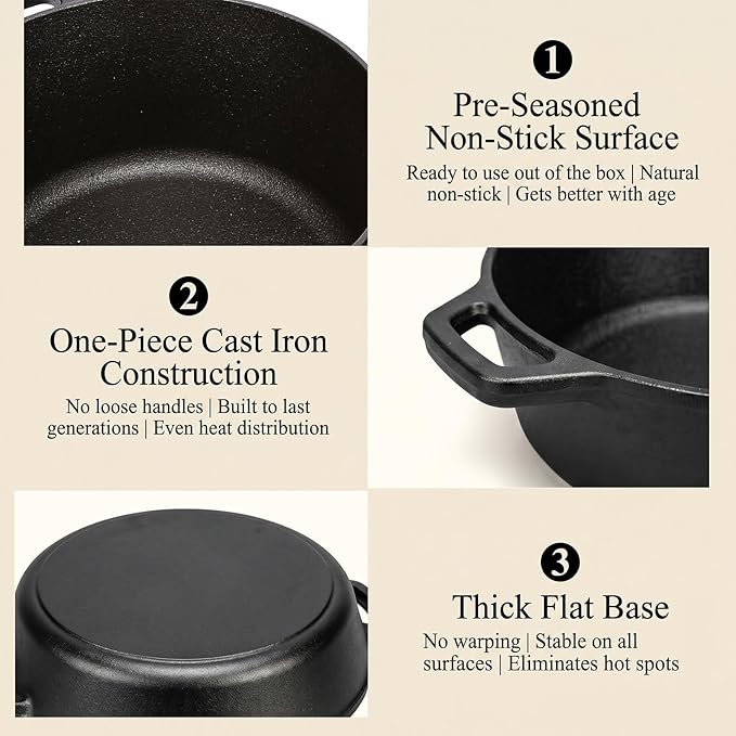 QuliMetal 6 Piece Cast Iron Cookware Set with Dutch Oven | Includes 11 in grill pan, 12 in skillet, 5QT Dutch oven, 3.2QT Dutch oven and 1.6QT skillet lid for home cooking.