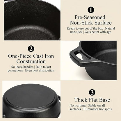 QuliMetal 6 Piece Cast Iron Cookware Set with Dutch Oven | Includes 11 in grill pan, 12 in skillet, 5QT Dutch oven, 3.2QT Dutch oven and 1.6QT skillet lid for home cooking.