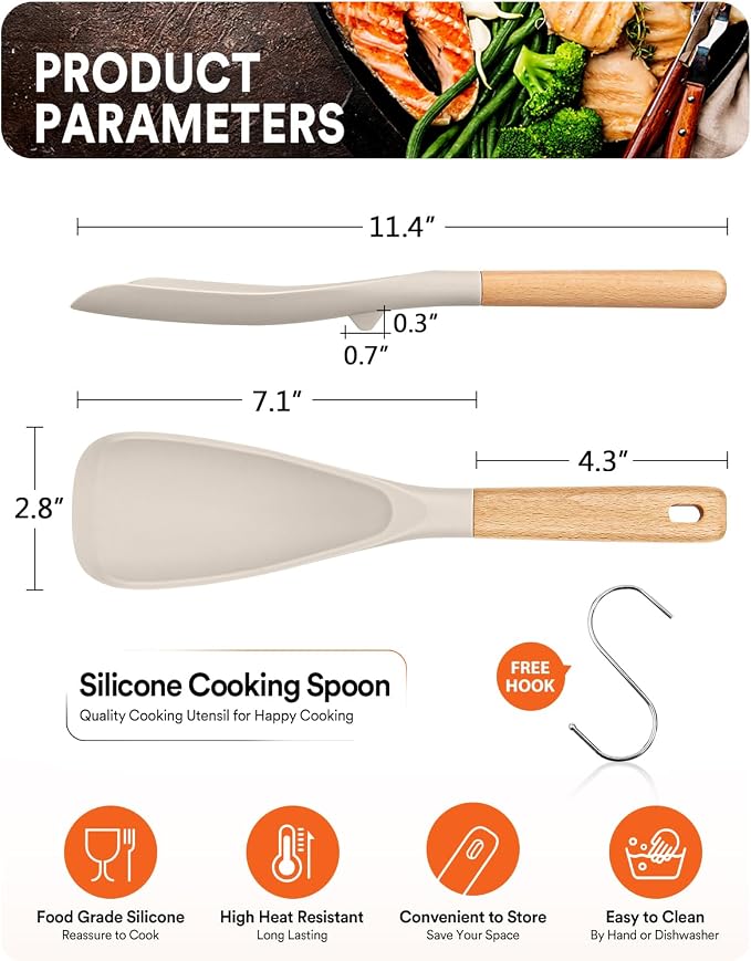 Cooking Spoon for Nonstick Cookwares, Great for Cooking and Serving Sturdy BPA-Free Matte Silicone, Wood Handle Spoon for Mixing, Scoop, and Scrape (KHAKI, 11.4 inch)