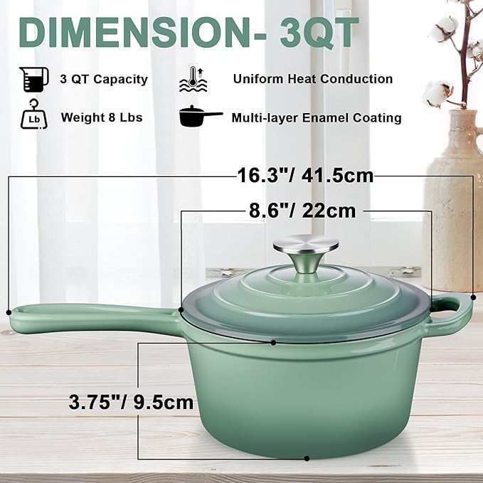 3 Quart Saucepan with Lid, Leonyo Enameled Cast Iron Sauce Pot, Large Enamel Cast Iron Dutch Oven Kitchen Cookware for All Cooktops Cooking Pasta, Soup, Milk - Up to 500°F & 8bs, Pistachio Green