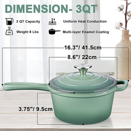 3 Quart Saucepan with Lid, Leonyo Enameled Cast Iron Sauce Pot, Large Enamel Cast Iron Dutch Oven Kitchen Cookware for All Cooktops Cooking Pasta, Soup, Milk - Up to 500°F & 8bs, Pistachio Green