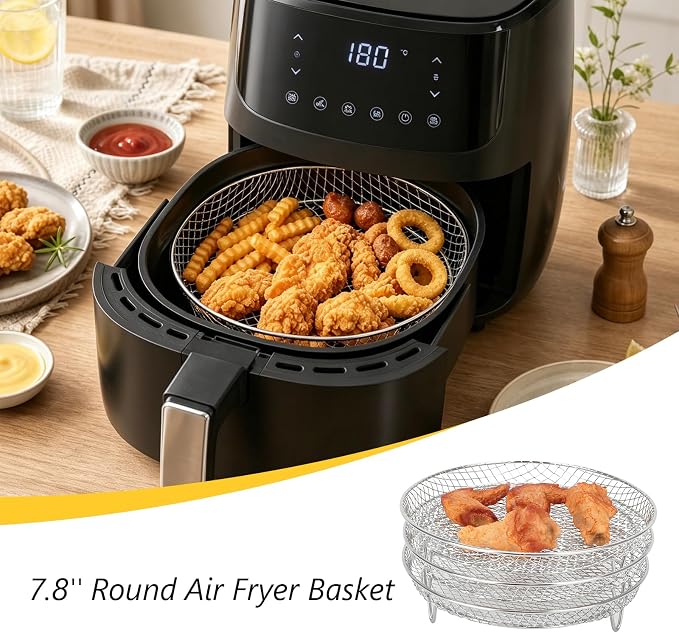 3pcs Round Air Fryer Racks, 8 inch Stainless Steel Stackable Air Fryer Basket Round Air Fryer Grill Rack with Silicone Feet & Clip Air Fryer Accessories for Air Fryer, Oven