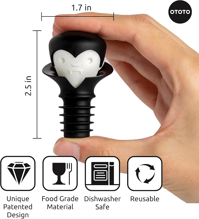 OTOTO 2 in 1 Wine Stopper & Pourer - Wine Cap, Wine Cork - Vampire, Halloween Gifts, Emo Accessories, Gothic Kitchen, Goth Gifts, Bat, Kitchen Gadgets - (Count Corkula)