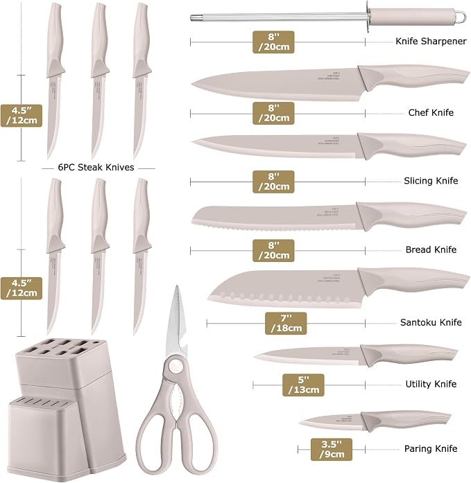 LIANYU Knife Block Set with Sharpener, 15PCS Kitchen Knife Set with Block, Razor Sharp Knives Set for Kitchen, High Carbon Stainless Steel Chef Knife Set, Anti- Rust Blade & Ergonomic Handle, Khaki