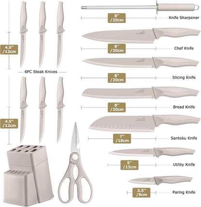 LIANYU Knife Block Set with Sharpener, 15PCS Kitchen Knife Set with Block, Razor Sharp Knives Set for Kitchen, High Carbon Stainless Steel Chef Knife Set, Anti- Rust Blade & Ergonomic Handle, Khaki