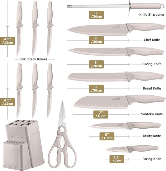 LIANYU Knife Block Set with Sharpener, 15PCS Kitchen Knife Set with Block, Razor Sharp Knives Set for Kitchen, High Carbon Stainless Steel Chef Knife Set, Anti- Rust Blade & Ergonomic Handle, Khaki