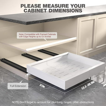 Seinloes 1 Pack Pull Out Cabinet Organizer 21" Deep,Full Extension 3 Slide Rails Slide Out Drawers With Raising Pad for Framed Cabinets,Expandable Width (12.3"-20.5"),No Drill Roll Out Shelves,White