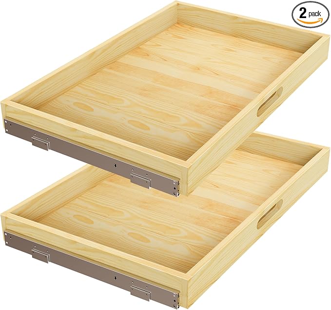 2 Set Pull Out Cabinet Organizer, Soft Close Slide Out Wood Drawer Storage Shelves for Kitchen, Base Cabinet Organization for Pantry, Finished, Heavy-Duty, Bottom Assembly (33” W x 21” D)