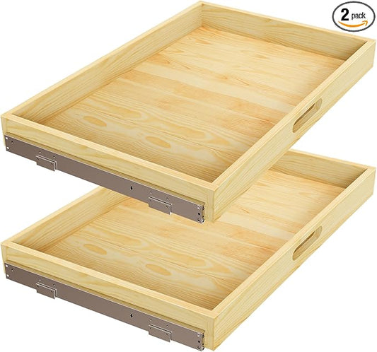 2 Set Pull Out Cabinet Organizer, Soft Close Slide Out Wood Drawer Storage Shelves for Kitchen, Base Cabinet Organization for Pantry, Finished, Heavy-Duty, Bottom Assembly (33” W x 21” D)