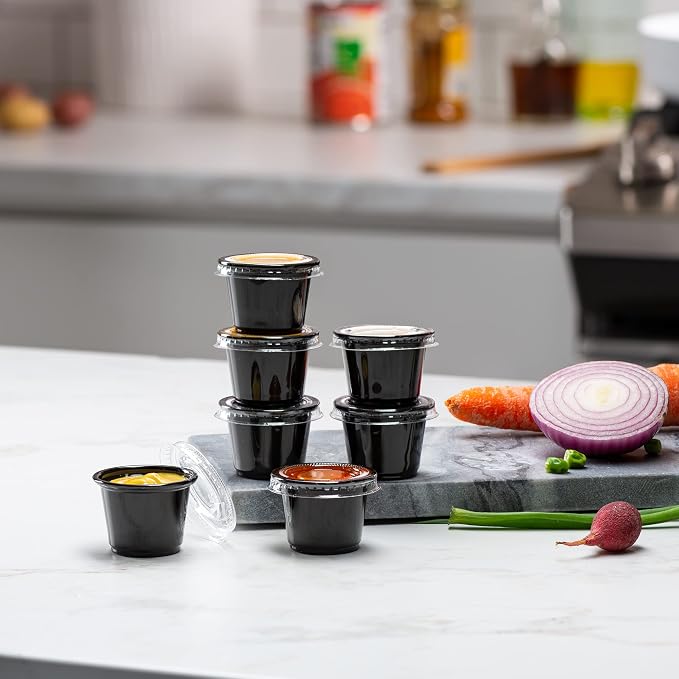 {1 oz - 100 Sets} Black Diposable Plastic Portion Cups With Lids, Small Mini Containers For Portion Controll, Jello Shots, Meal Prep, Sauce Cups, Slime, Condiments, Medicine, Dressings, Crafts, Disposable Souffle Cups & Much more