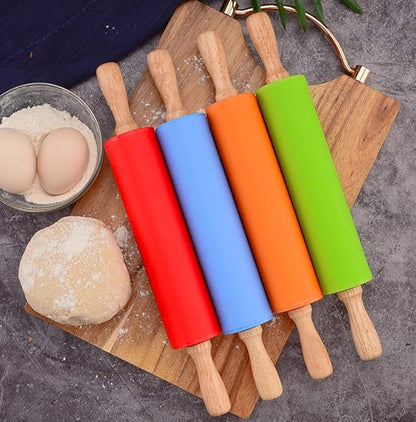 15-inch Silicone Rolling Pin for Baking, Non-stick Surface and Comfortable Wood Handles