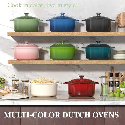 Umite Chef Enameled Cast Iron Dutch Oven-7QT Pot with Lid Cookbook & Cotton, Heavy-Duty Cookware for for Bread Baking, Braising, Stews, Marinate, Cook(Sage Green)