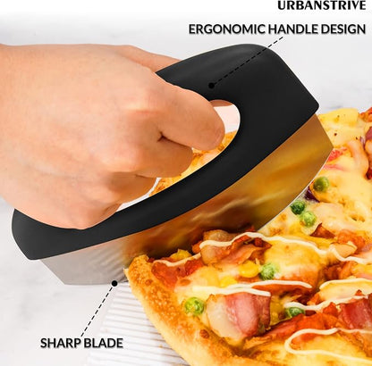 Urbanstrive Heavy Duty Stainless Steel Pizza Cutter with Cover, Super Sharp Blade Pizza Knife Pizza Cutter Rocker, Perfect Kitchen Gadgets for Pizza Cutting Home Essentials (Black)
