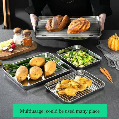Quarter Deep Cookie Baking Sheet Pans with Cooling Wire Rest Rack Sets Pure 18/8 (304) Stainless Steel Small Serving Trays 12.4 x9.6 x1.1Inch Dishwasher Safe 2Pans & 2Racks