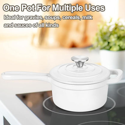 3 Quart Saucepan with Lid, Leonyo Enameled Cast Iron Sauce Pan, Heavy Duty Cast Iron Pot Dutch Oven Kitchen Cookware for All Cooktops Making Pasta, Milk, Egg- Up to 500°F & 8Lbs, White