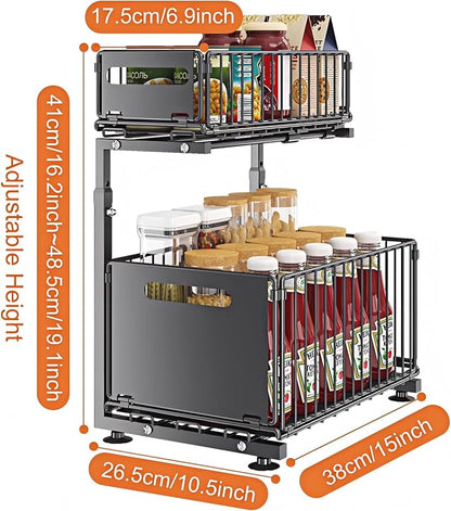 Under Sink Organizer, 2-Tier Multi-Use Kitchen and Bathroom Organizers and Storage, Slide Out Thickened Metal Under The Sink Organizer for Kitchen Bathroom Pantry (Style B Black, 1 Pack)