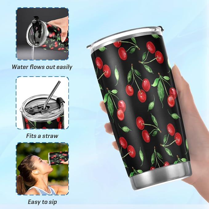 Tumbler Summer Vivid Cherry Leaf Insulated Office Coffee Cup Back to School Beverage Container Travel Mug with Straw and Lid Double Wall Stainless Steel 20oz