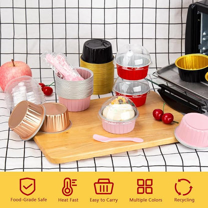 5oz Cupcake Pans with Lids 25 Pack, Foil Baking Cups Disposable Muffin Tin Aluminum Mini Cake Pans Creme Brulee Ramekins Cupcake Containers Liners for Holiday Baking-Black