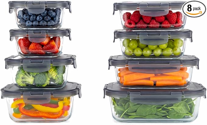 Borosilicate Glass Airtight Food Storage Containers with Vented Lids, Assorted Set of 8 (4 Rectangular & 4 Square)