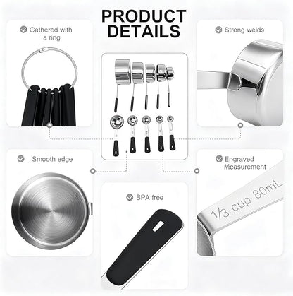 Bopei Measuring Cups and Spoons Set Stainless Steel 10 Piece for Cooking and Baking (5 Cups + 5 Spoons, Black Handle)