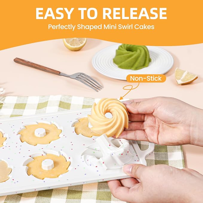 FUNBAKY Mini Swirl Cake Pan with Metal Reinforced Frame, 2Pcs Silicone 6-Cavity Mini Flan Molds, Nonstick Fluted Cake Pan for Cupcake, Brownie, Donuts, Jello