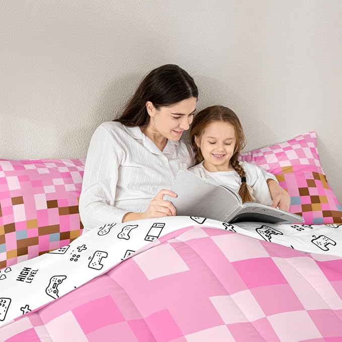 Manfei Pixelated Grid Bedding Set for Boys Girls,Games Gamepad Miners All Season Cozy Comforter Set Full Size,Geometric Grid Square Pink Blocks Duvet Set Bedroom Decor,Personalized Birthday Gifts