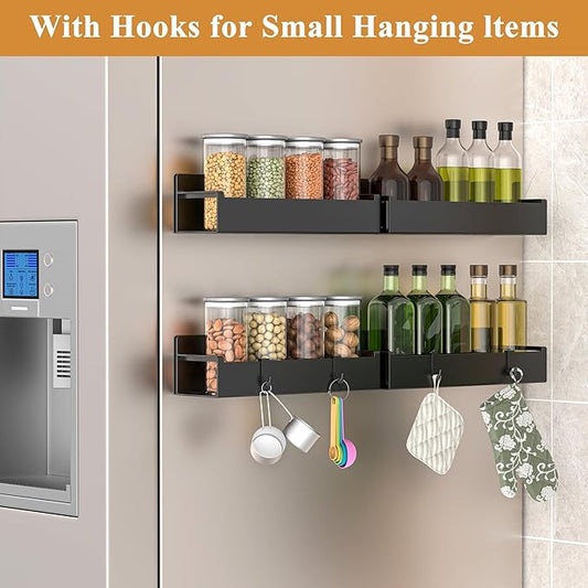 Shelves with hooks for small hanging items on a kitchen wall.