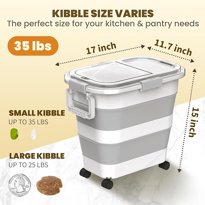 25-35Lbs Rice Container,Collapsible Food Storage Containers with Transparent Airtight Lid,Wheels,Rice Storage Container with Small Bin and Scoop,Rice Dispenser for Flour Sugar Cereal Grain Dog Cat