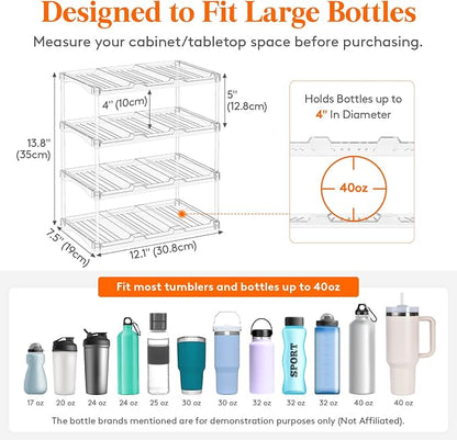 Lifewit Stackable Bottle Storage Organizer, Clear Freestanding Wine Holder for Cabinet, Large Slot Water Bottle Tumbler Cup Organizer for Pantry, Plastic Wine Rack for Fridge Cellar, 4Tier Hold 12