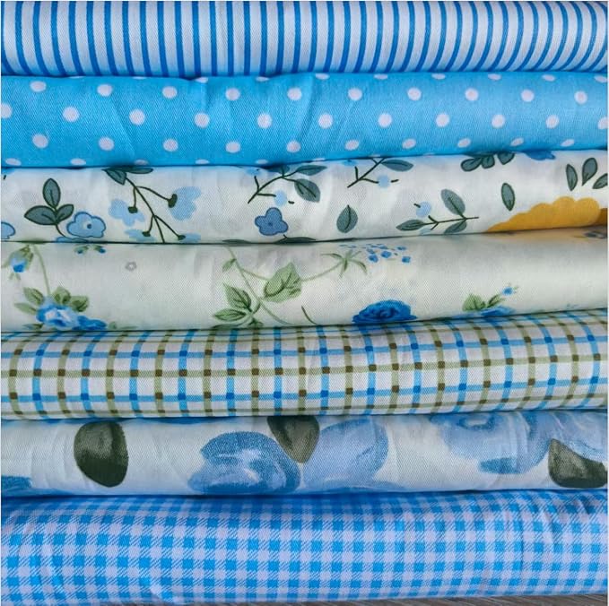 7PCS Cotton Fabric DIY Making Supplies Quilting Patchwork Fabric Fat Quarter Bundles DIY for Quilting Cotton Patchwork Cushions (Blue, 9.8 x 9.8 inches)