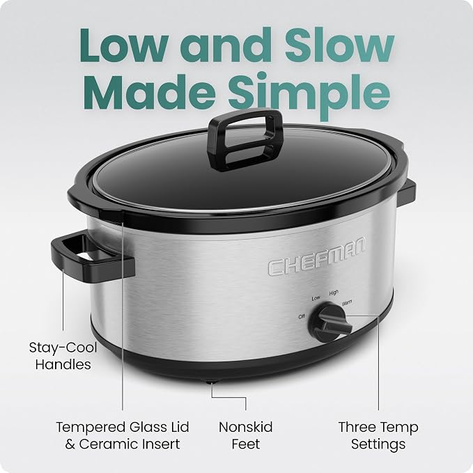 Chefman Slow Cooker 7 Quart, Large Family Size Slow Cooker with Low, High & Warm Settings, Removable Ceramic Crock, Tempered Glass Lid, Dishwasher-Safe for Easy Cleanup, Stainless Steel