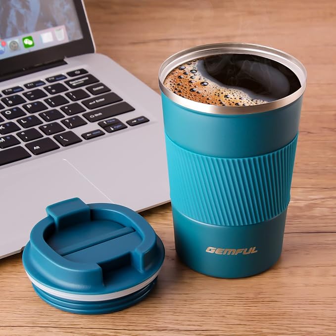GEMFUL Coffee Mug with Lid 13 oz Spill Proof Leak Proof Stainless Steel Travel Mug Insulated Coffee Tumbler Reusable Keeps Cold and Hot for Car Daily Travel Gifts (Blue)