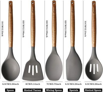 Kitchen Utensils Set, Silicone Cooking Utensils Set,Non-Stick Silicone Spatula Set with Natural Acacia Hard Wood Handle, 5 Piece, Upgraded Thickened Cookware