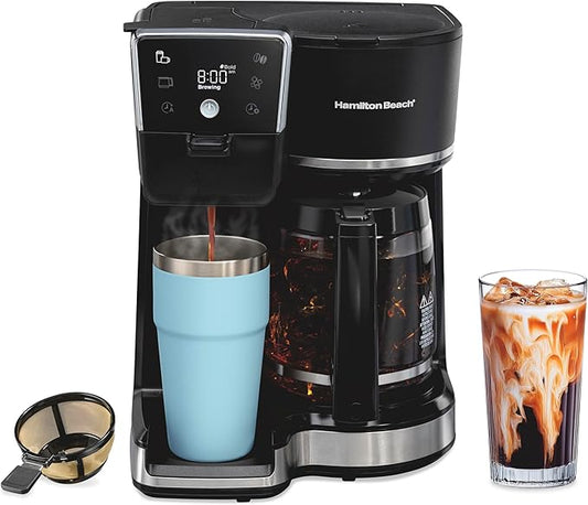 Hamilton Beach 2-Way 12 Cup Programmable Drip Hot and Iced Coffee Maker & Single Serve Coffee Machine, AquaFlow Showerhead, Glass Carafe, Auto Pause and Pour, Black (47500J)