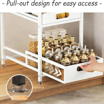 2 Tier Pull-out Storage Organizer, Slide Out Kitchen Cabinet Storage Sliding Shelves, Under Sink Organizers Drawer, Multi-Purpose Storage Rack for Kitchen Pantry, Bathroom Countertop Storage (White)