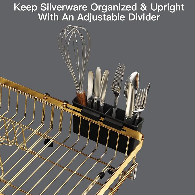 MAJALiS Gold Dish Drying Rack Over The Sink, Expandable Stainless Steel Dish Drainer for Small Kitchen Counter Space Saving, RV Compact Plate Strainer in Metal with Hanging Adjustable Utensil Holder