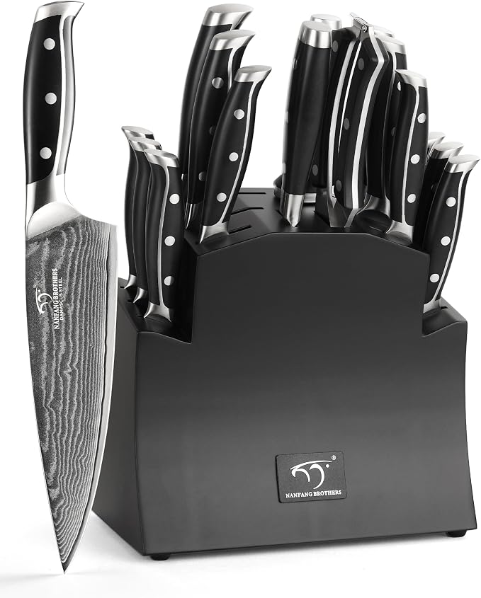 16-Piece Damascus Knife Set with Block, VG10 67-Layer Damascus Steel Kitchen Knife Set with Triple-Rivet Handles, 6 Steak Knives, Meat Fork, Sharpener & Scissors, Black