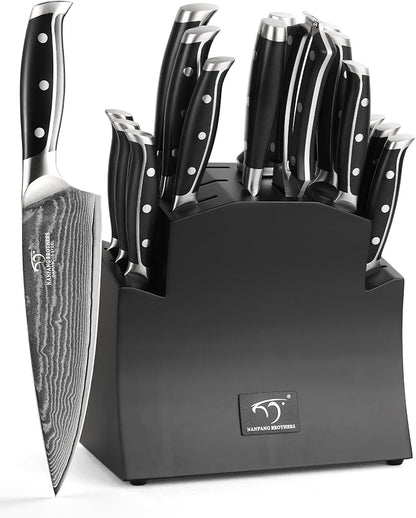 16-Piece Damascus Knife Set with Block, VG10 67-Layer Damascus Steel Kitchen Knife Set with Triple-Rivet Handles, 6 Steak Knives, Meat Fork, Sharpener & Scissors, Black