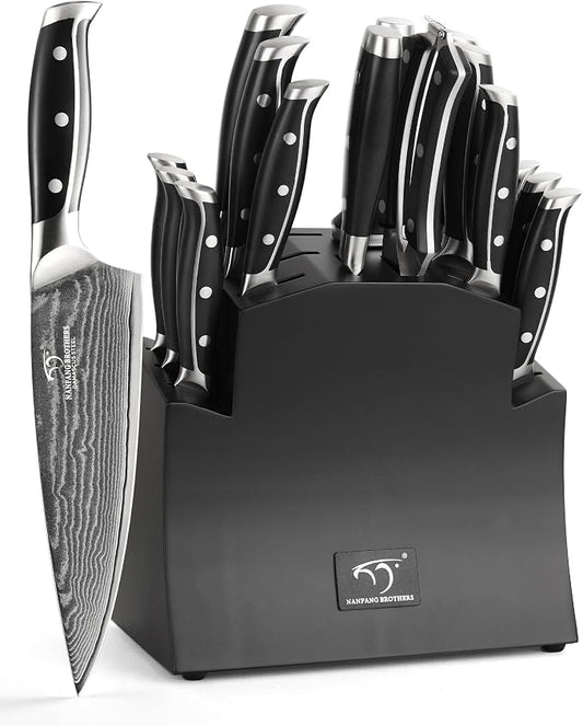 16-Piece Damascus Knife Set with Block, VG10 67-Layer Damascus Steel Kitchen Knife Set with Triple-Rivet Handles, 6 Steak Knives, Meat Fork, Sharpener & Scissors, Black